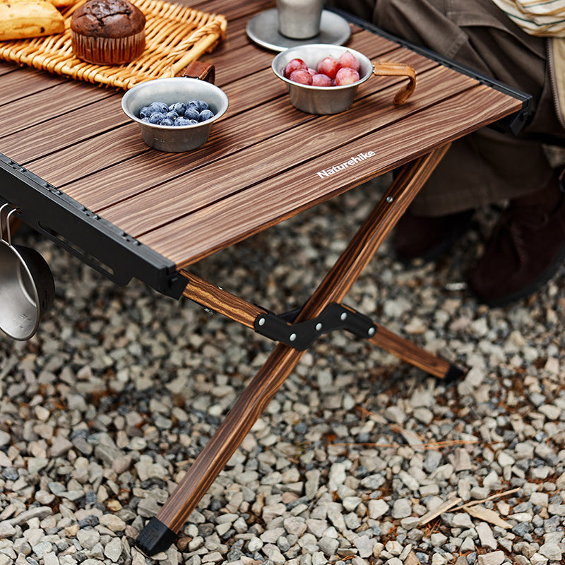 Aluminum alloy folding egg roll table-oak color