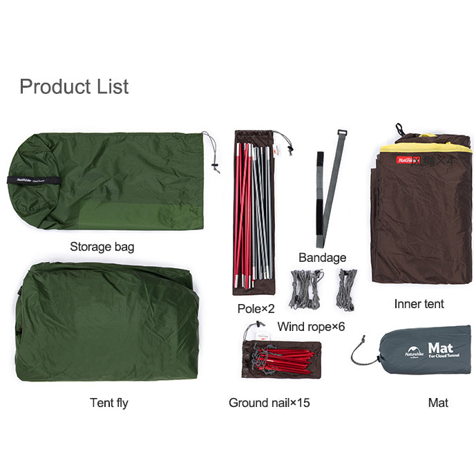 Cloud Tunnel Type 20D Nylon Lightweight Tent (With Ground Mat) - Green